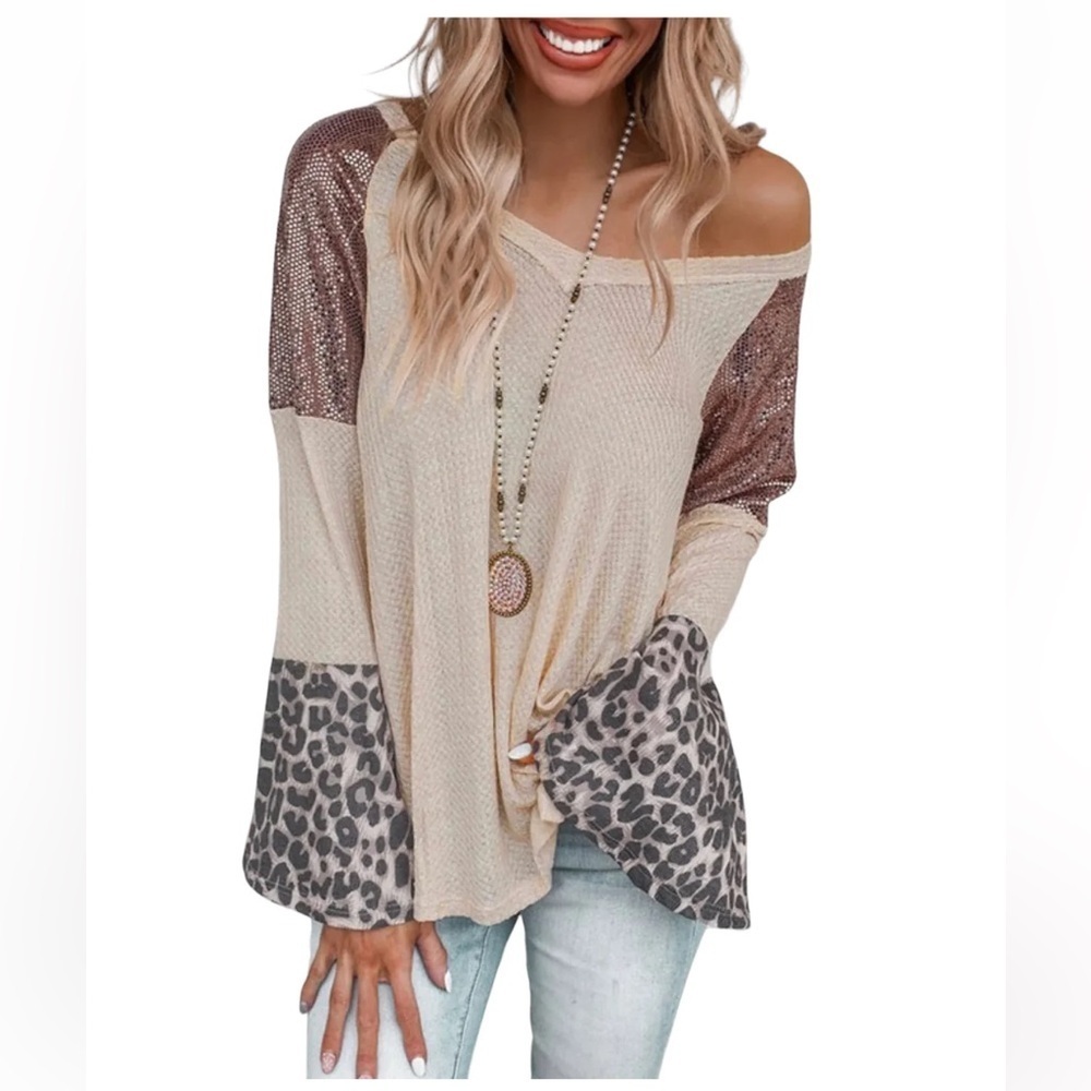 Lovely Melody Patchwork Leopard Sequin Waffle Top, NWT, Large